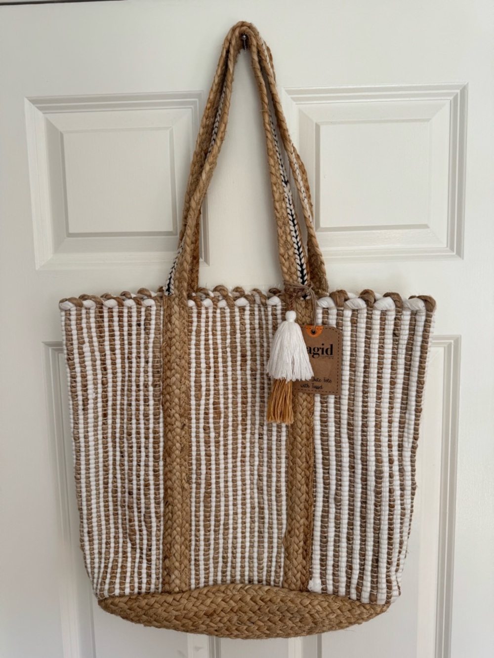 Magid Cotton And Jute Tote With Tassel tan white natural color bag women’s NWT